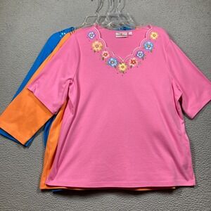 Quacker Factory Tops Womens Plus 1X Lot of 3 T shirts Blue Orange Pink